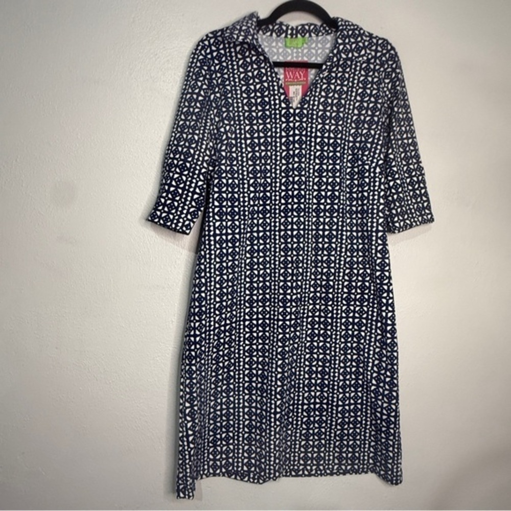 Katherine Way Navy & White Patterned Women's Dress. Made in USA. Sz M. NWT.